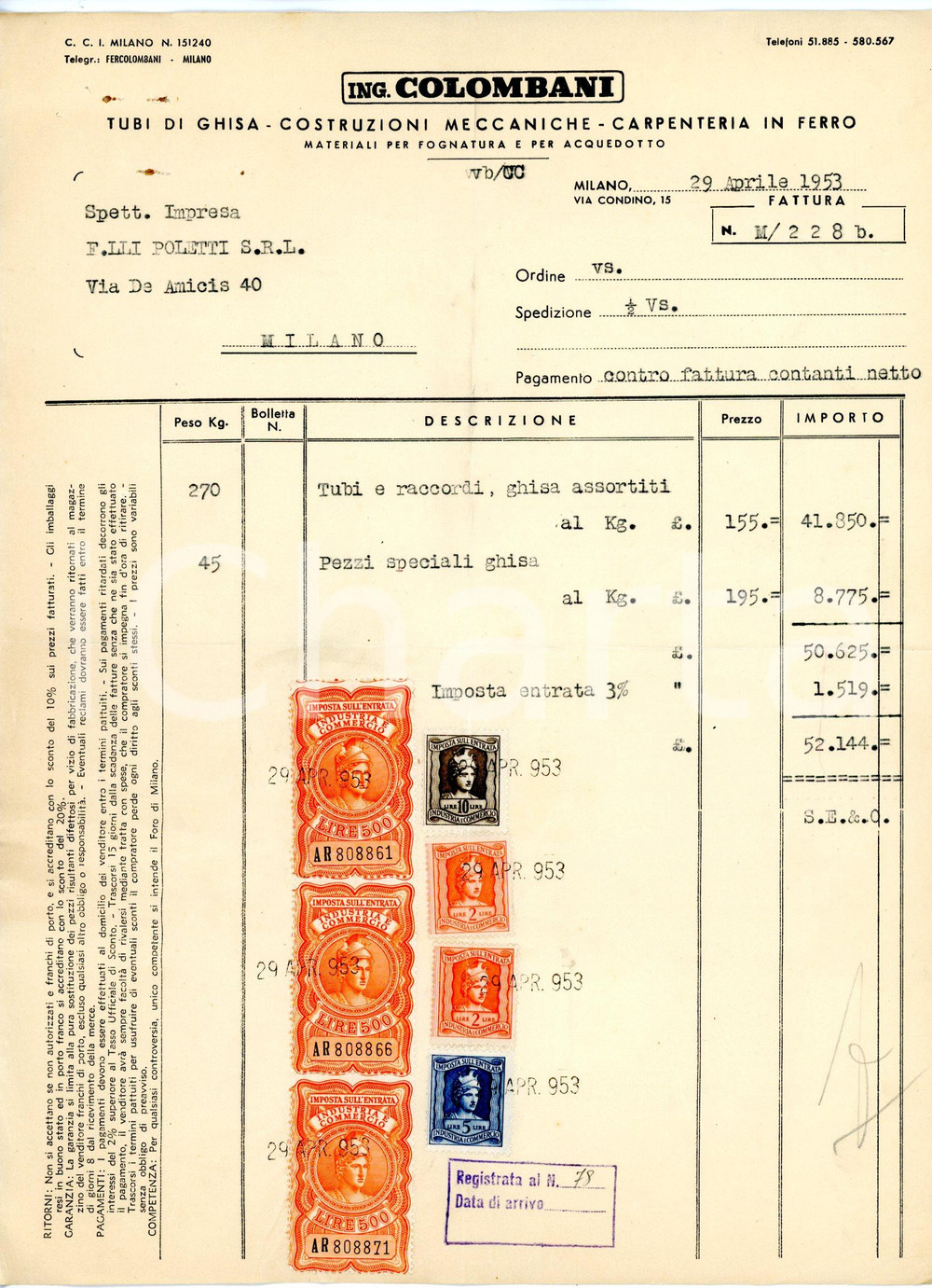 Documento originale, autentico 1953 MILANO via Condino, 15 ING. COLOMBANI Fattura tubazioni ghisa 3 1