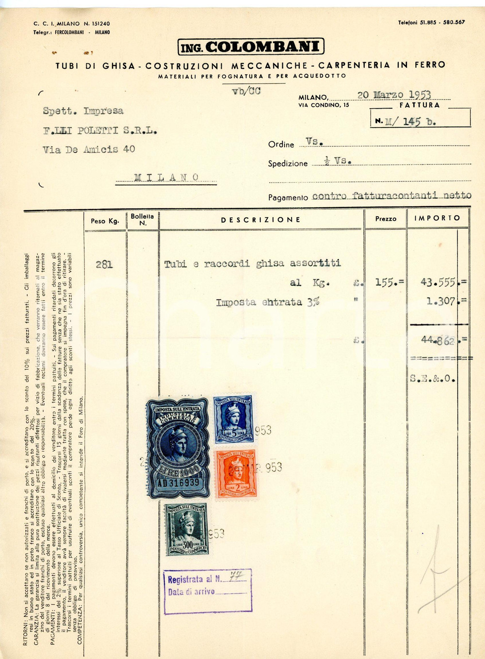 Documento originale, autentico 1953 MILANO via Condino, 15 ING. COLOMBANI Fattura tubazioni ghisa 2 1