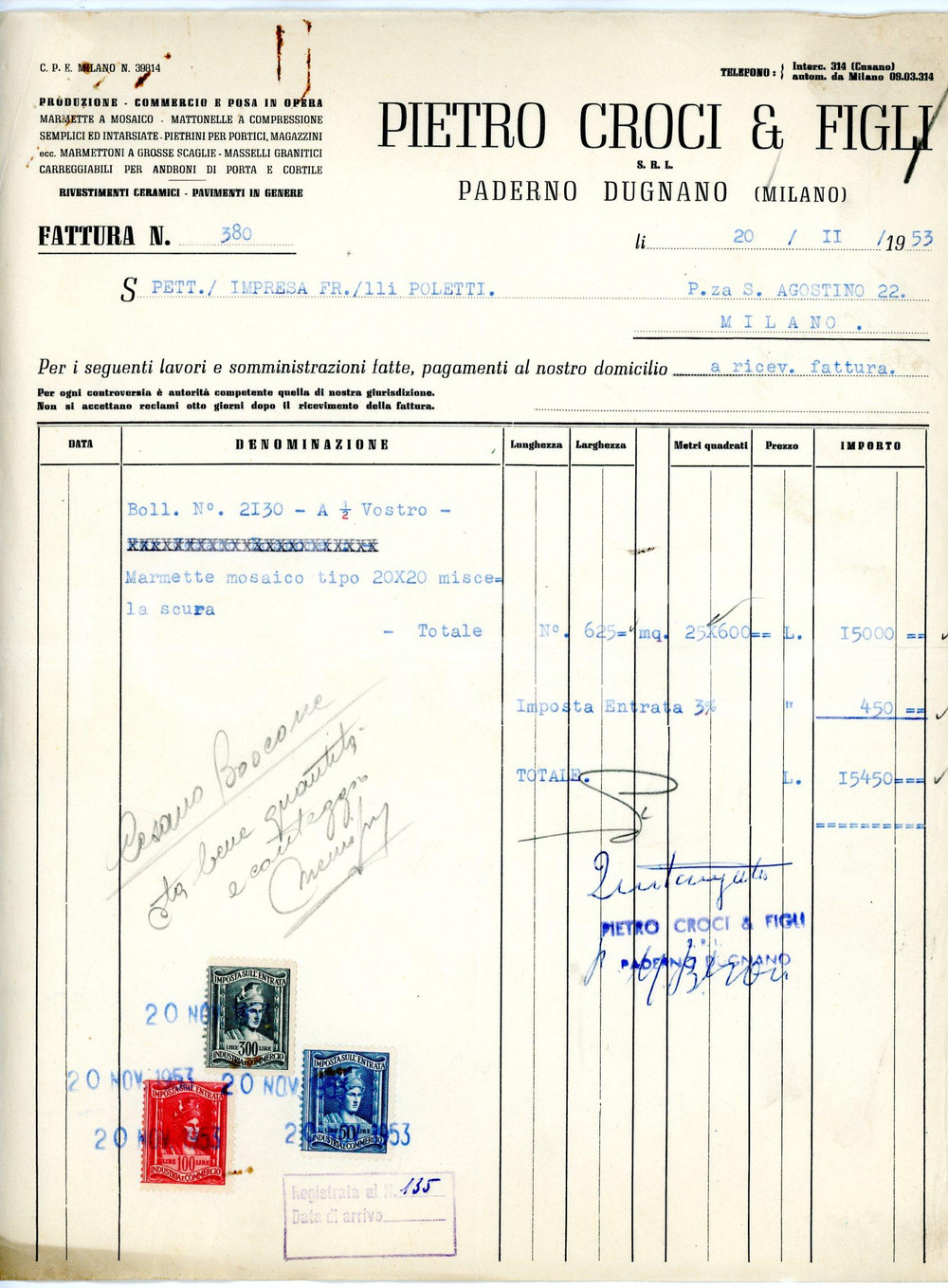 Documento originale, autentico 1953 PADERNO DUGNANO MI Pietro CROCI & FIGLI Srl Fattura marmette a mosaico 1