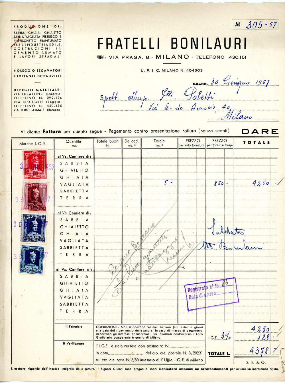 Documento originale, autentico 1957 MILANO via Praga, 8 Cava FRATELLI BONILAURI Fattura sabbia vagliata 1
