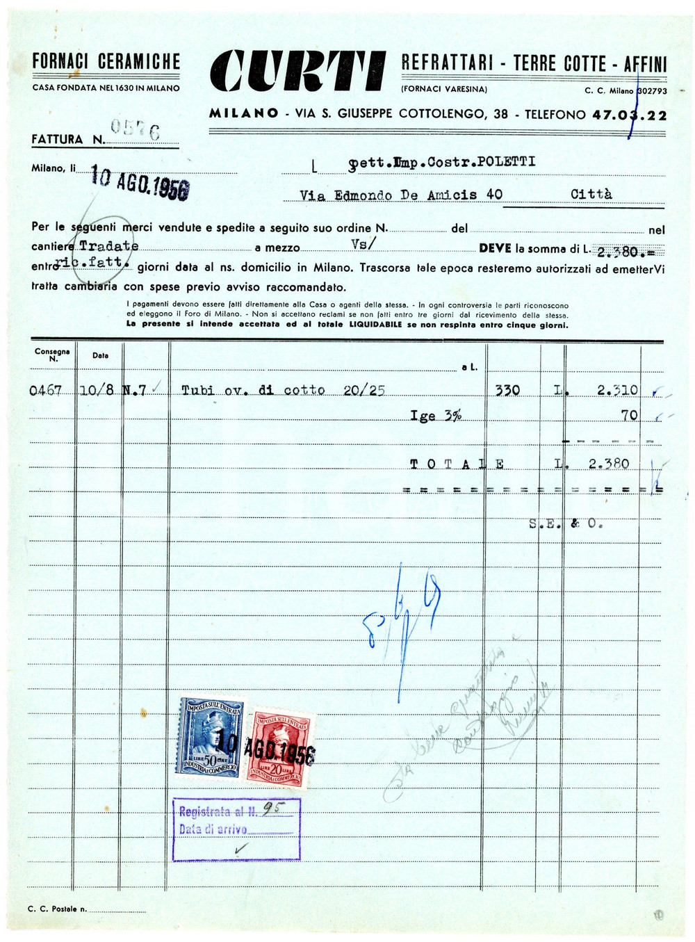 Documento originale, autentico 1954 MILANO via Cottolengo, 38 Fornaci ceramiche CURTI Fattura tubi di cotto 1