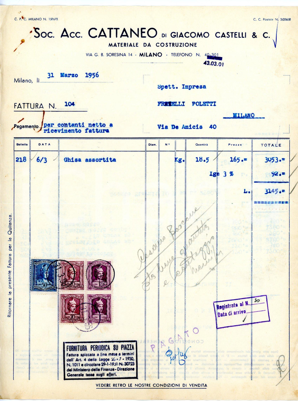 Documento originale, autentico 1956 MILANO via Soresina 14 Società CATTANEO di Giacomo CASTELLI Fattura ghisa 1
