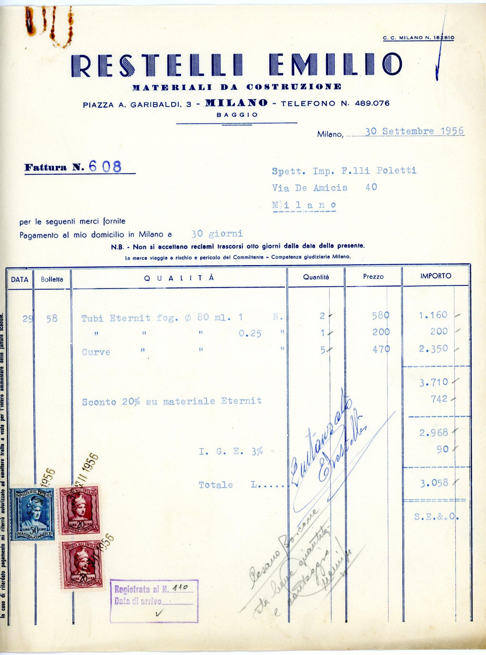 Documento originale, autentico 1956 MILANO Piazza A. Garibaldi, 3 Emilio RESTELLI Fattura per tubi in eternit 1
