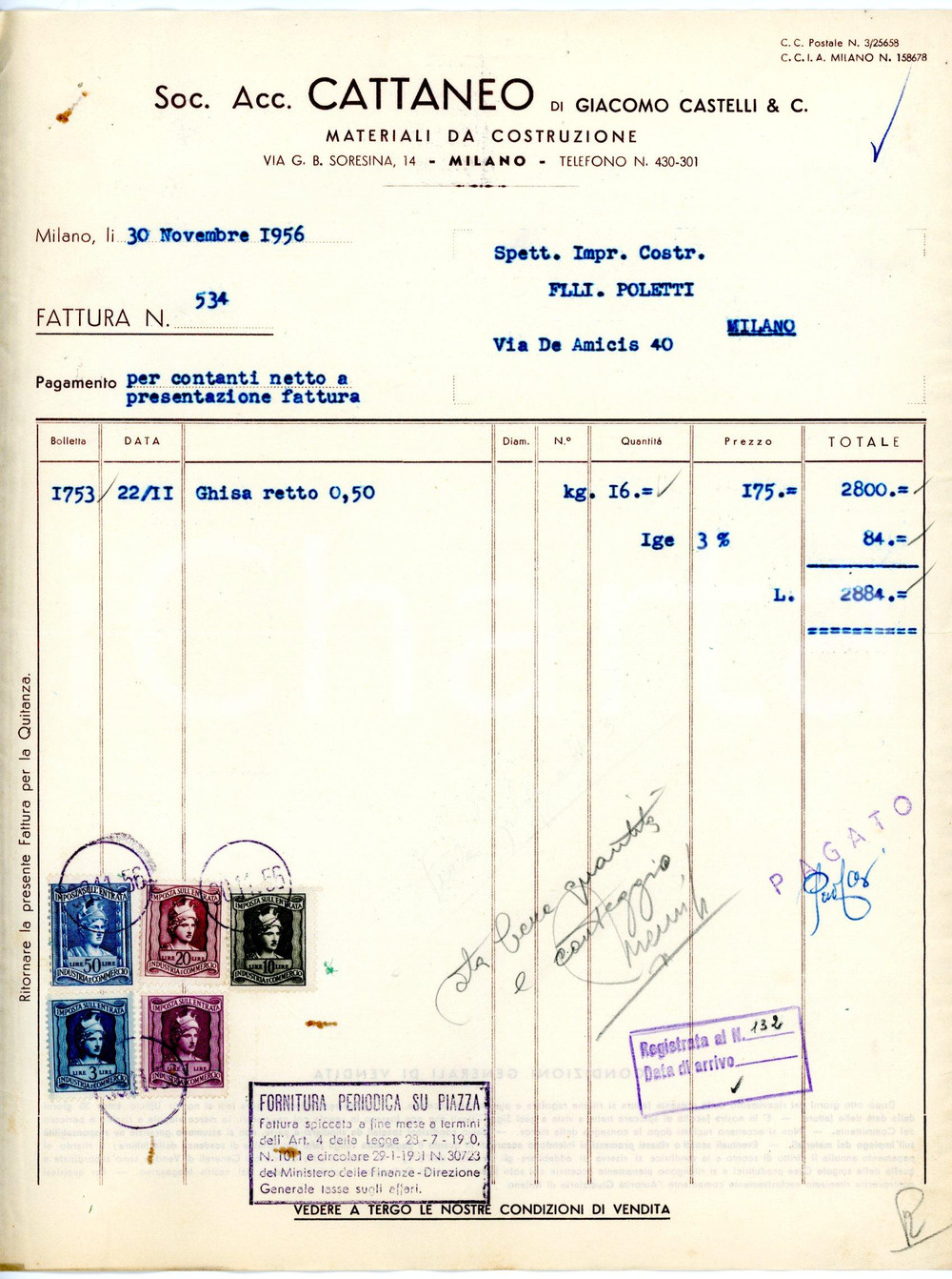 Documento originale, autentico 1956 MILANO via Soresina 14 Società CATTANEO di Giacomo CASTELLI Fattura ghisa 3 1