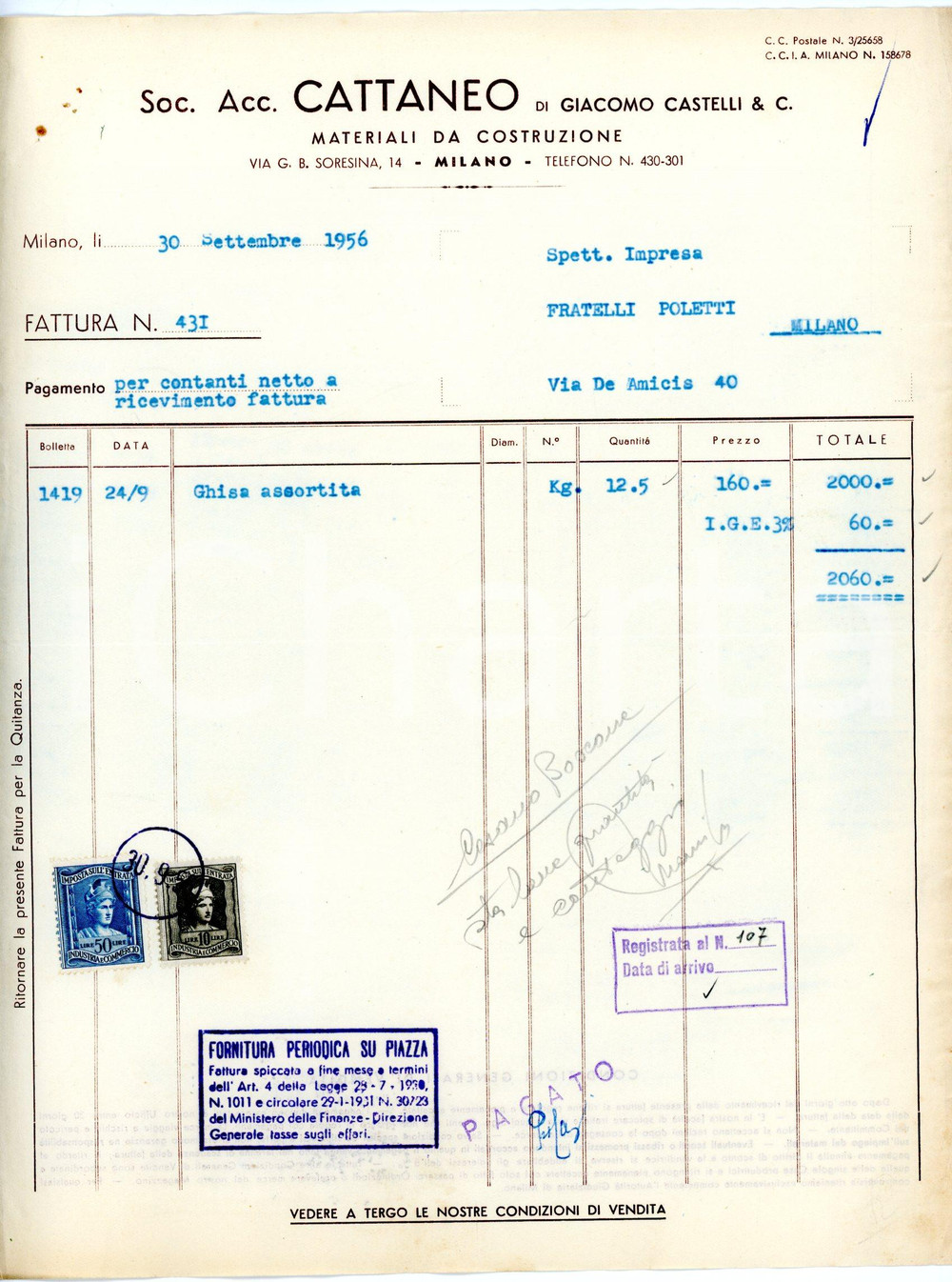 Documento originale, autentico 1956 MILANO via Soresina 14 Società CATTANEO di Giacomo CASTELLI Fattura ghisa 2 1
