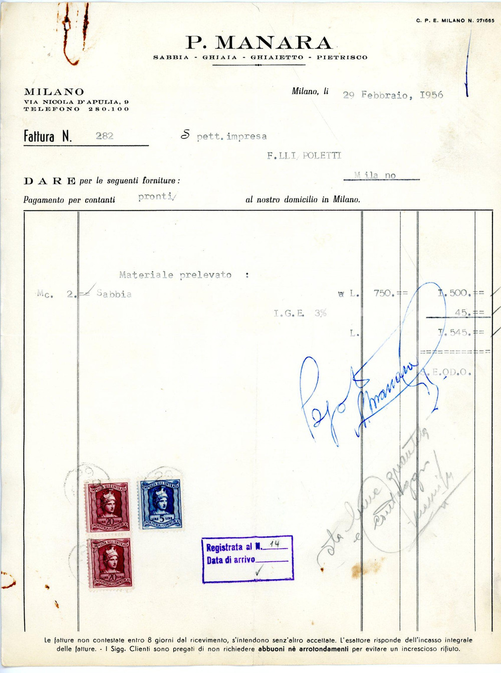 Documento originale, autentico 1956 MILANO Via Nicola D Apulia, 9  Cava P. MANARA Fattura per sabbia 1