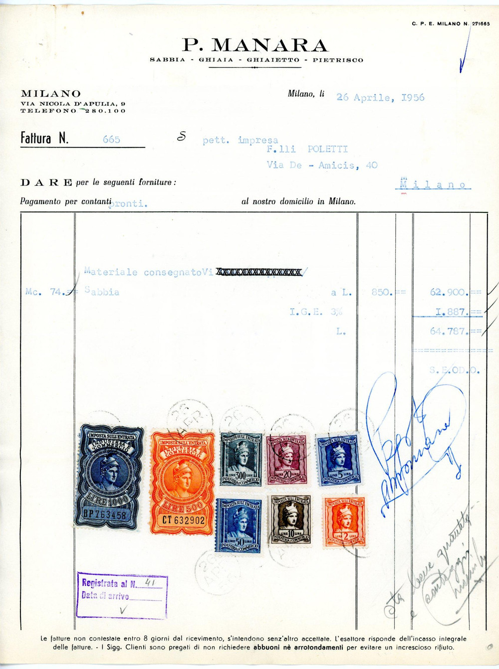 Documento originale, autentico 1956 MILANO Via Nicola D Apulia, 9  Cava P. MANARA Fattura per sabbia 4 1