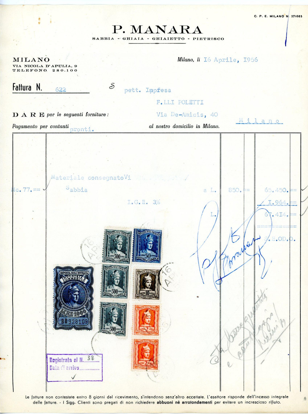 Documento originale, autentico 1956 MILANO Via Nicola D Apulia, 9  Cava P. MANARA Fattura per sabbia 3 1