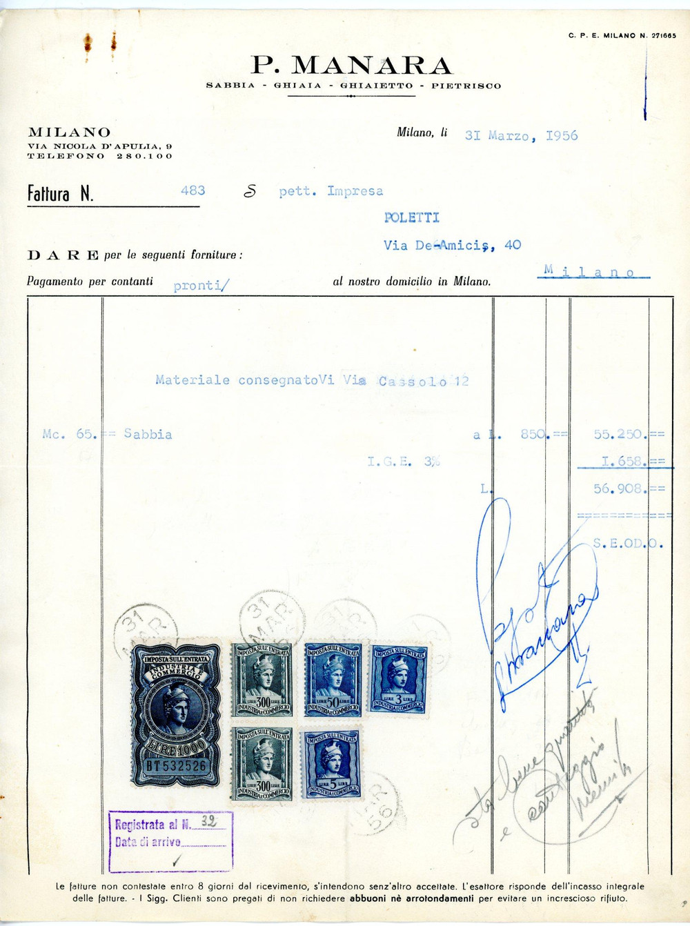 Documento originale, autentico 1956 MILANO Via Nicola D Apulia, 9  Cava P. MANARA Fattura per sabbia 2 1