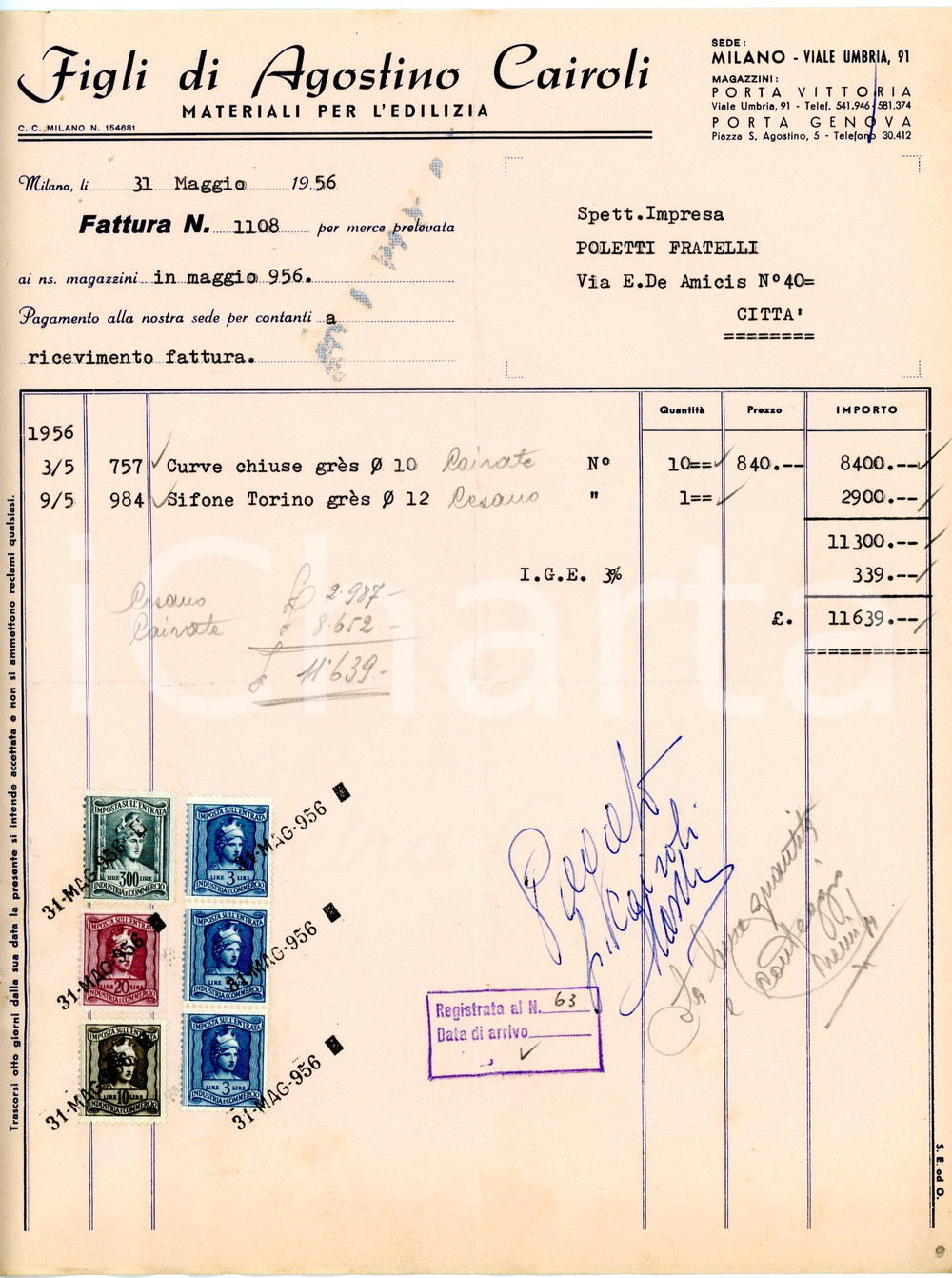 Documento originale, autentico 1956 MILANO Viale Umbria 91 Figli di Agostino CAIROLI Fattura materiali edili 2 1