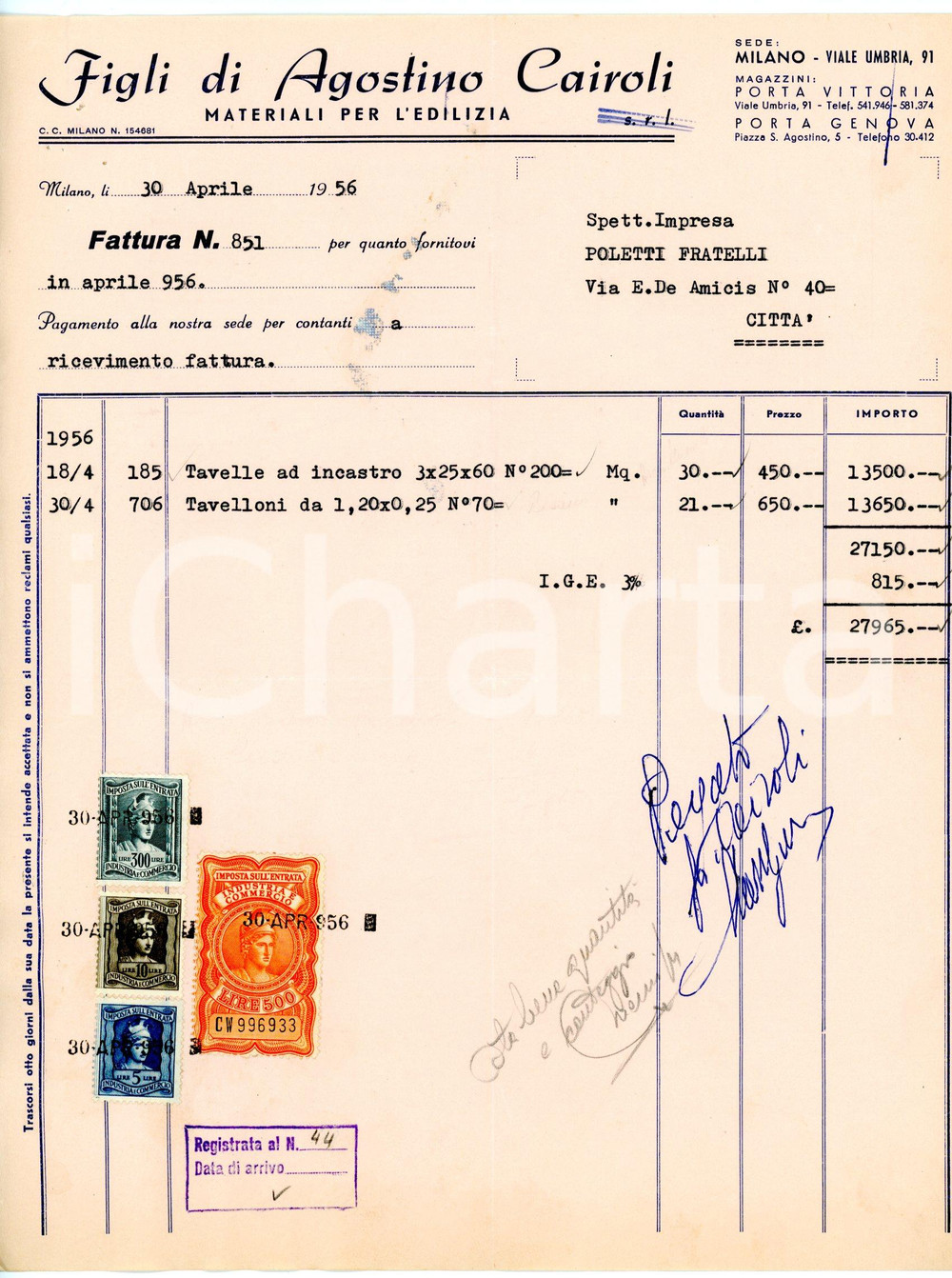 Documento originale, autentico 1956 MILANO Viale Umbria, 91 Figli di Agostino CAIROLI Fattura materiali edili 1
