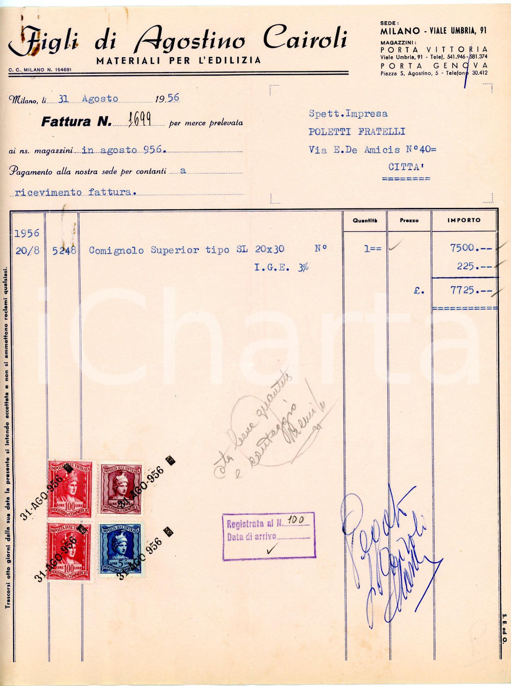 Documento originale, autentico 1956 MILANO Viale Umbria, 91 Figli di Agostino CAIROLI Fattura materiali edili 4 1