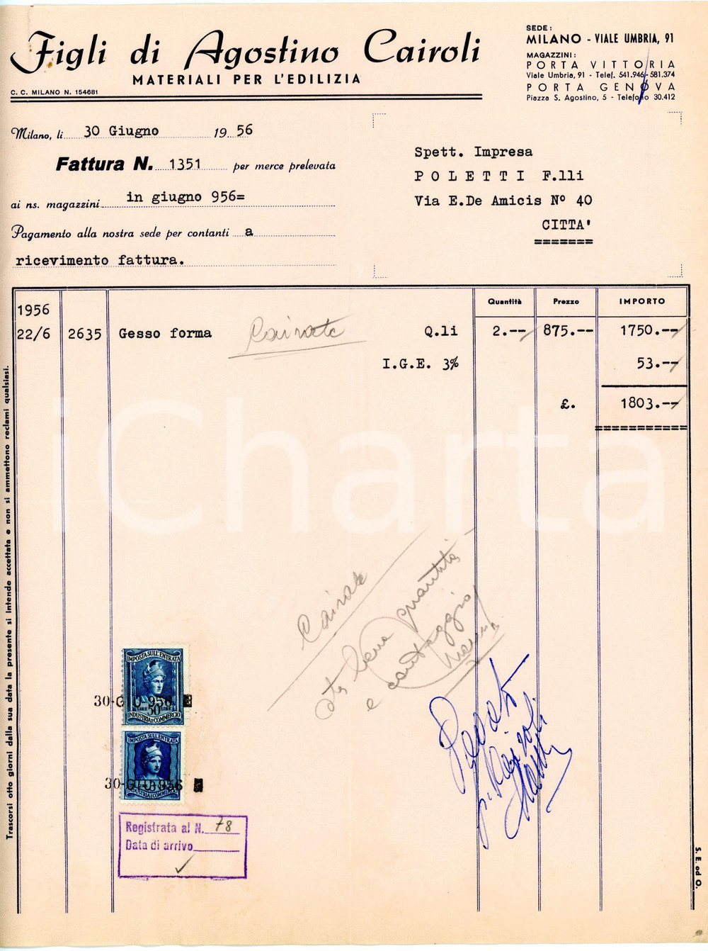 Documento originale, autentico 1956 MILANO Viale Umbria, 91 Figli di Agostino CAIROLI Fattura materiali edili 3 1