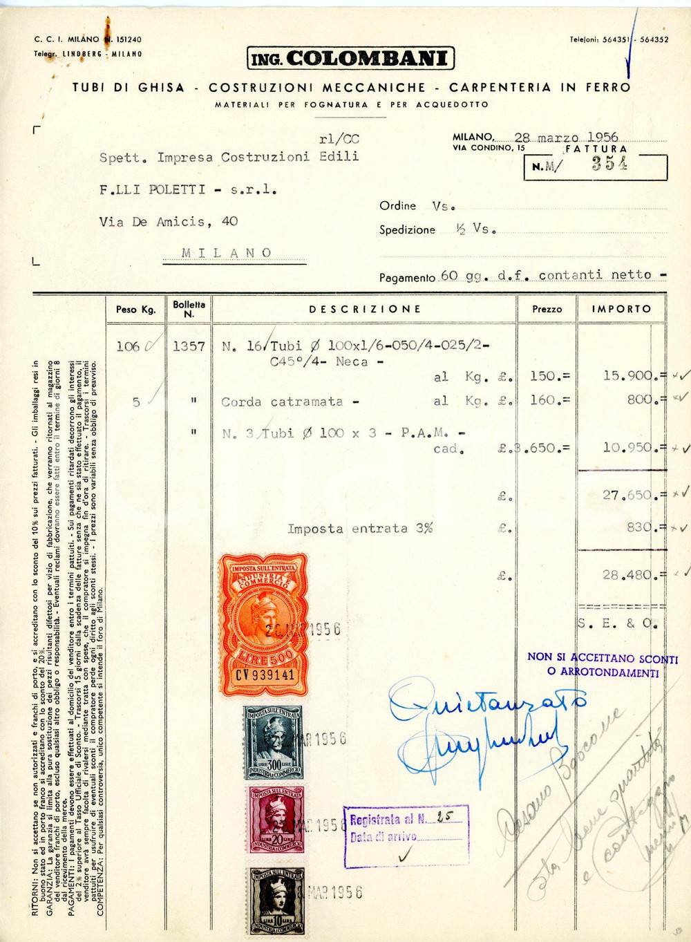 Documento originale, autentico 1956 MILANO via Condino, 15 ING. COLOMBANI Fattura corda catramata 1