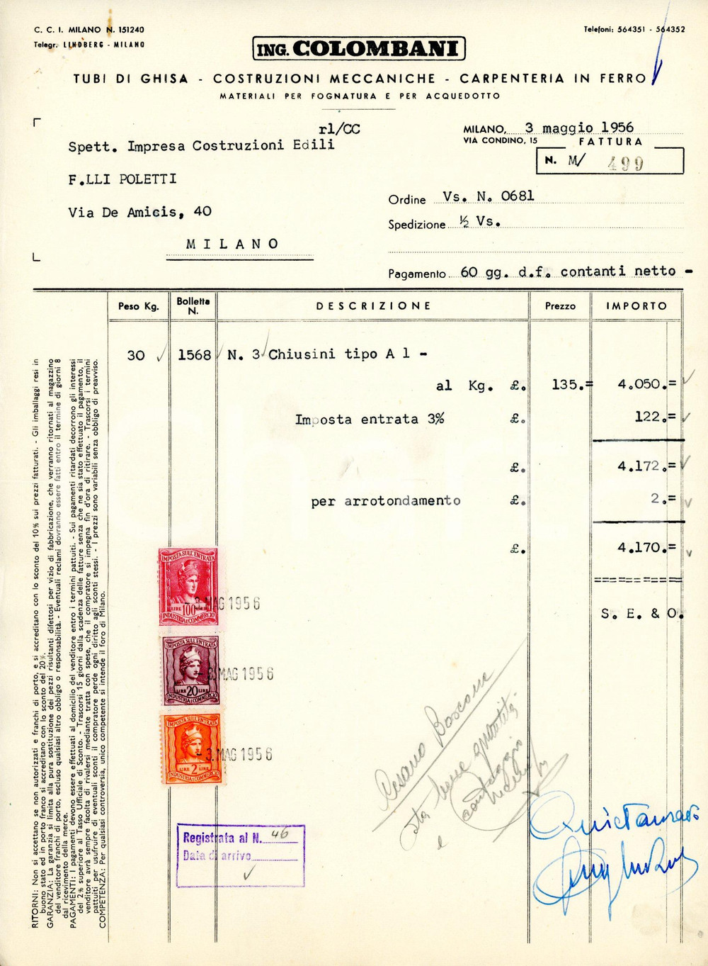 Documento originale, autentico 1956 MILANO via Condino, 15 ING. COLOMBANI Fattura per chiusini 1