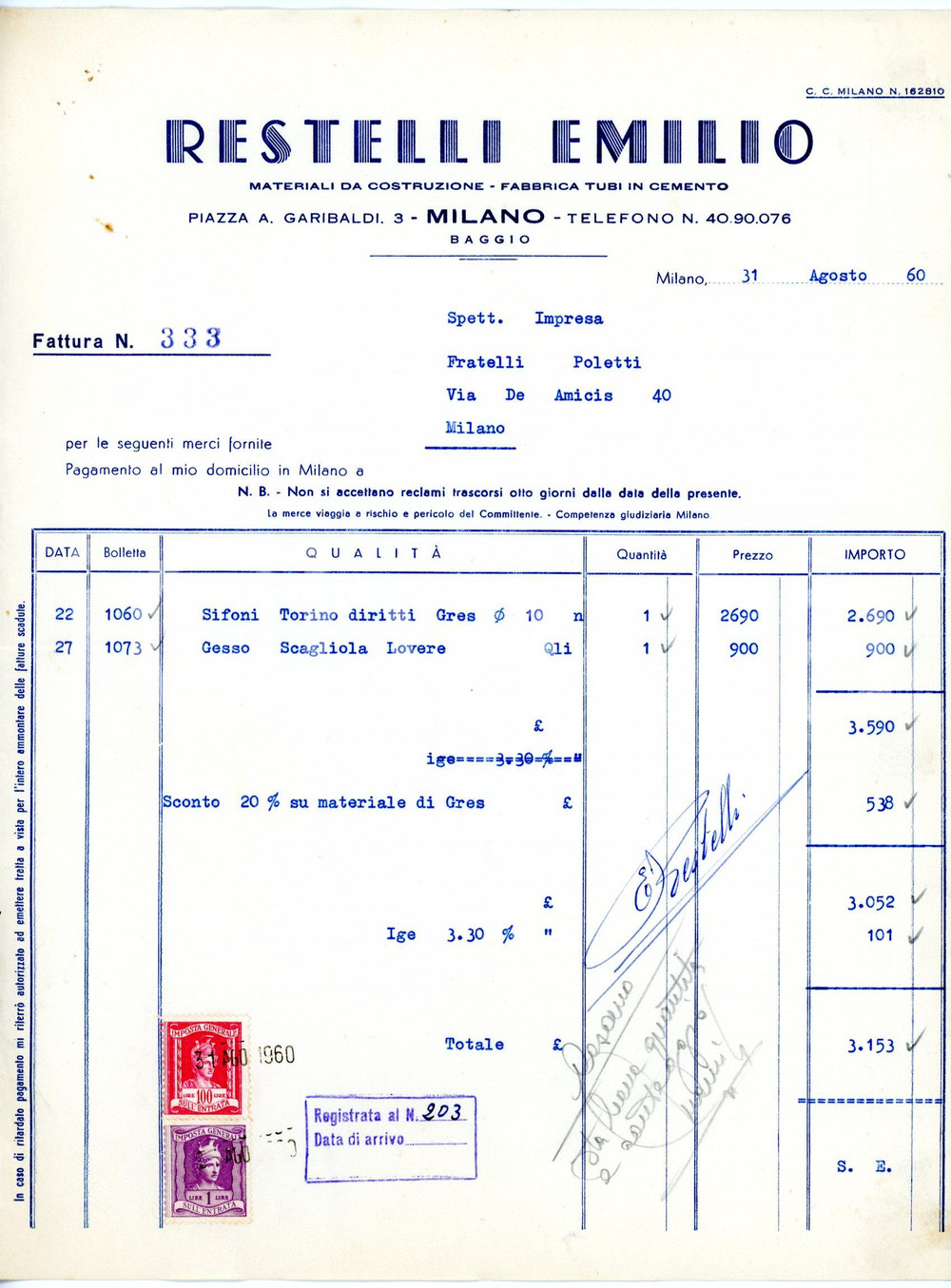 Documento originale, autentico 1960 MILANO Piazza A. Garibaldi, 3 Emilio RESTELLI Fattura per sifoni TORINO 1