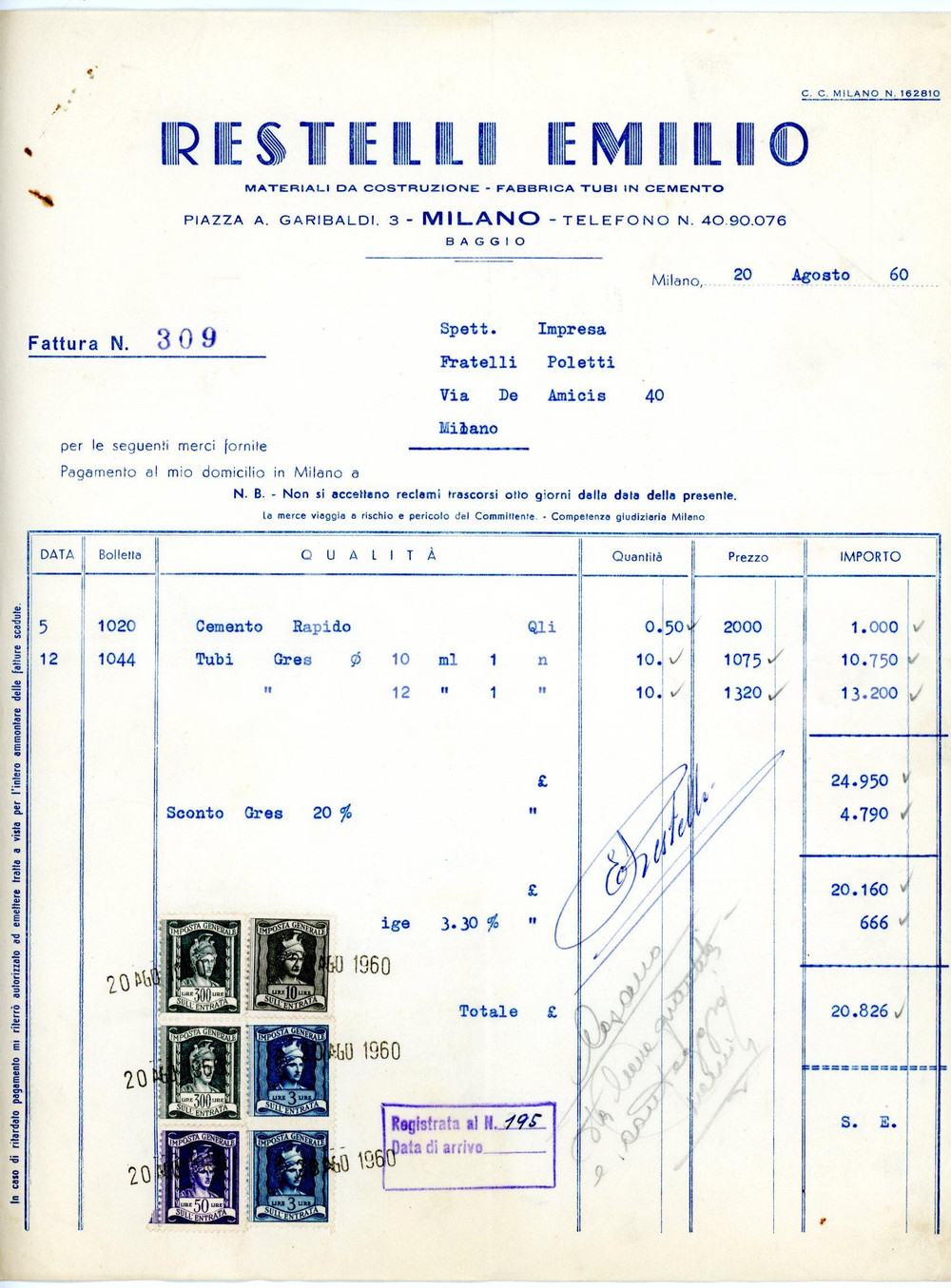 Documento originale, autentico 1960 MILANO Piazza A. Garibaldi, 3 Emilio RESTELLI Fattura per cemento rapido 1