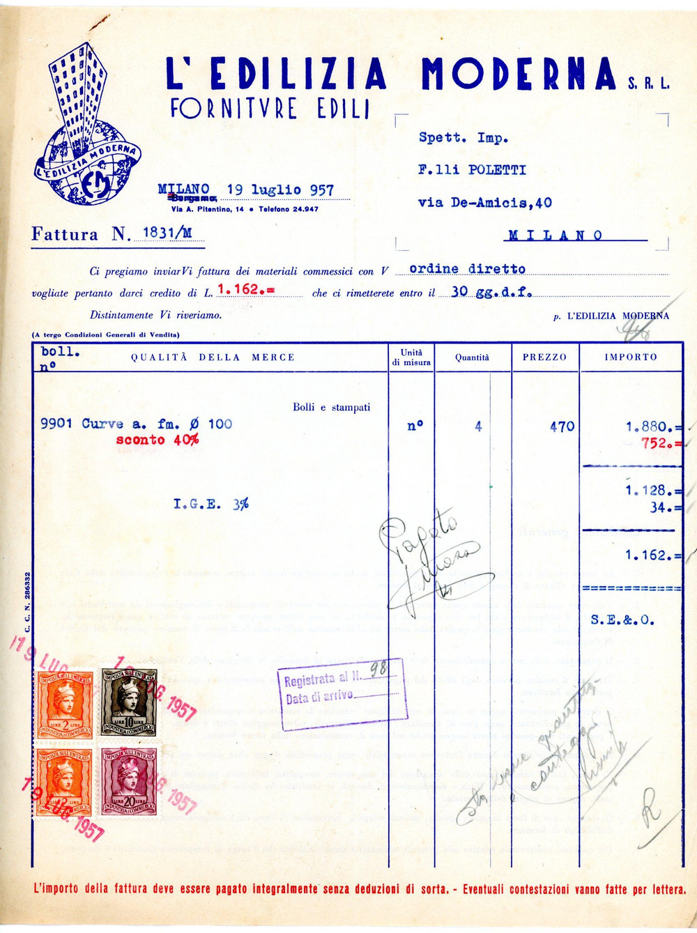 Documento originale, autentico 1957 MILANO Via Pitentino, 14 L EDILIZIA MODERNA Fattura materiali edili 1