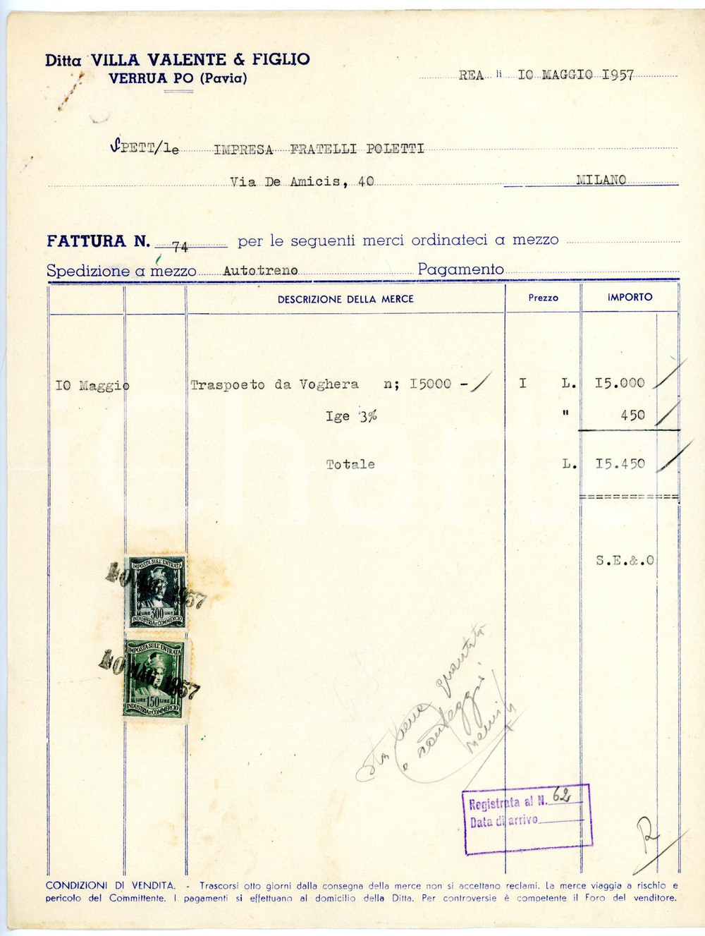 Documento originale, autentico 1953 VERRUA PO Ditta Valente VILLA E FIGLIO Fattura trasporto da VOGHERA 1