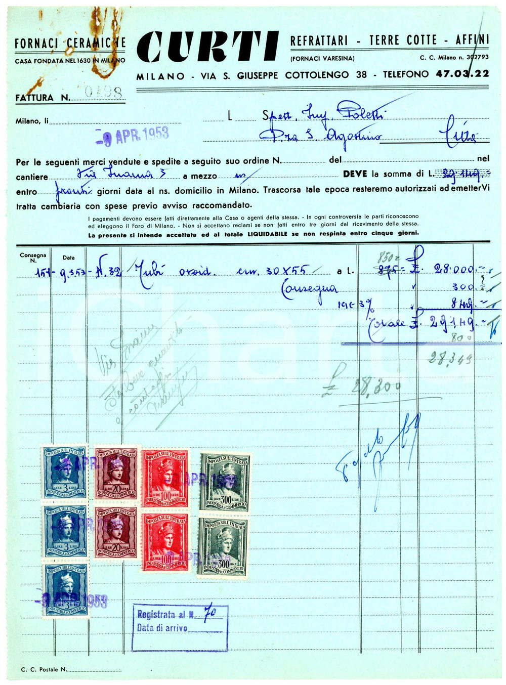 Documento originale, autentico 1953 MILANO via Cottolengo, 38 Fornaci ceramiche CURTI Fattura per tubi 1