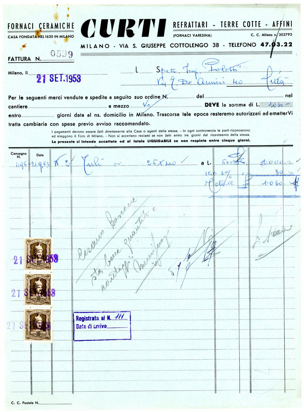 Documento originale, autentico 1953 MILANO via Cottolengo, 38 Fornaci ceramiche CURTI Fattura per tubi 3 1