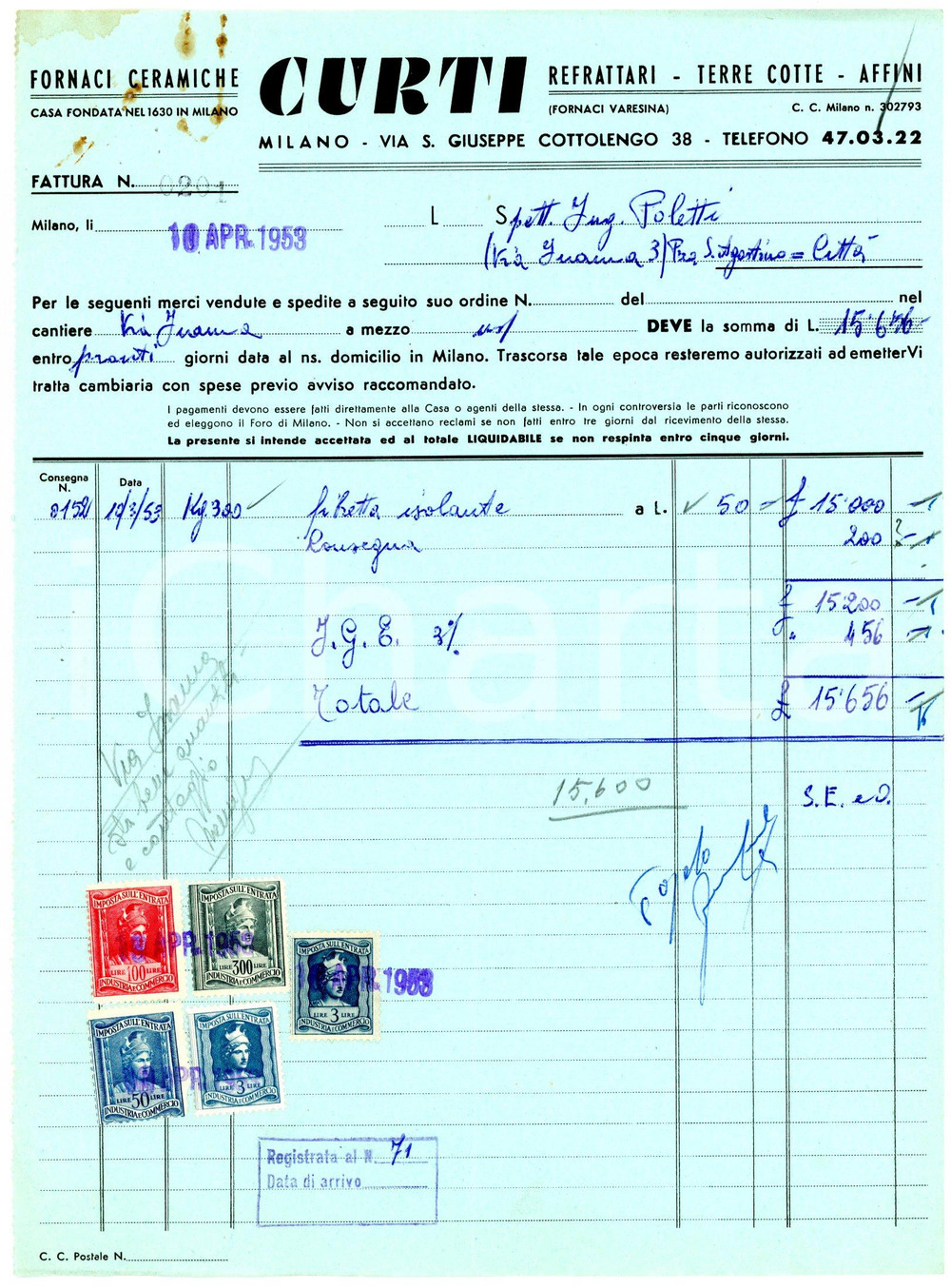 Documento originale, autentico 1953 MILANO via Cottolengo, 38 Fornaci ceramiche CURTI Fattura materiali edili 2 1