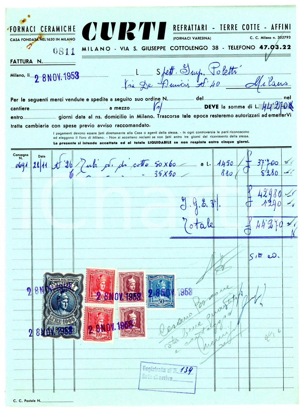 Documento originale, autentico 1953 MILANO via Cottolengo, 38 Fornaci ceramiche CURTI Fattura per tubi 5 1