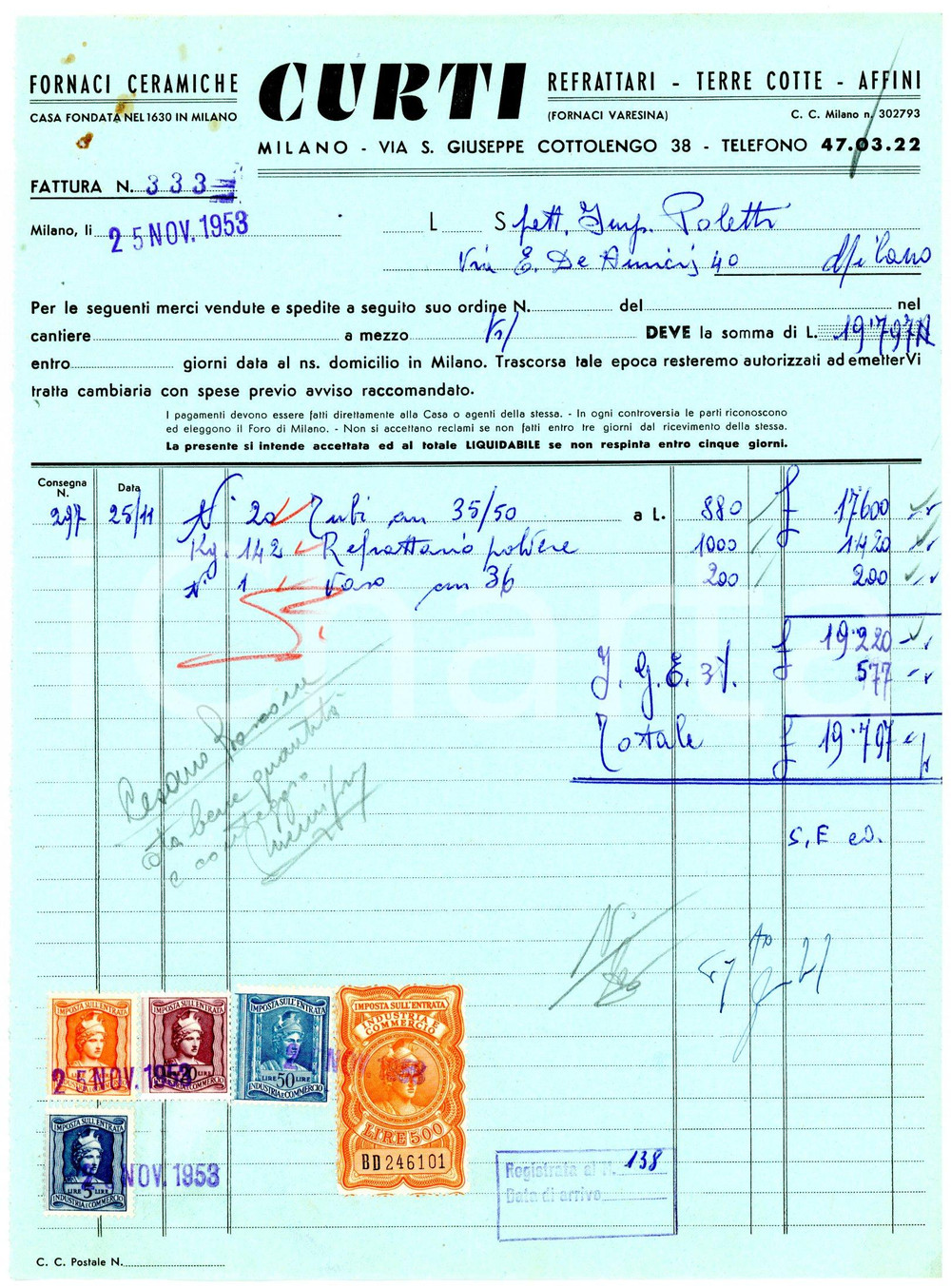 Documento originale, autentico 1953 MILANO via Cottolengo, 38 Fornaci ceramiche CURTI Fattura per tubi 4 1