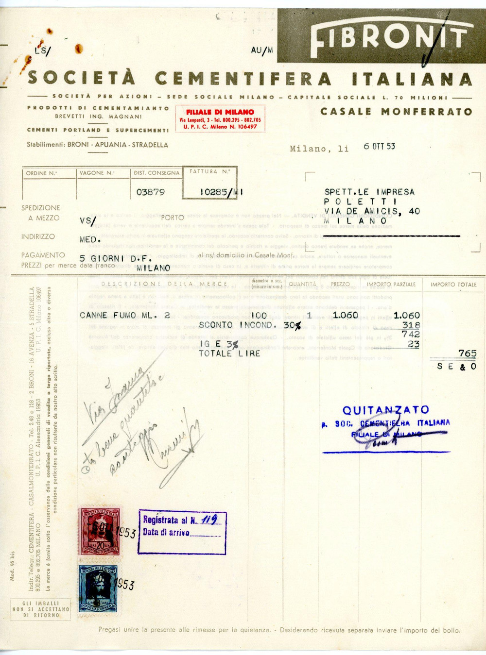 Documento originale, autentico 1953 MILANO via Leopardi, 3 FIBRONIT Società cementifera  Fattura canne fumarie 1