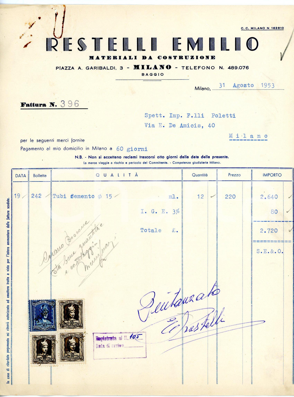 Documento originale, autentico 1953 MILANO Piazza A. Garibaldi, 3 Emilio RESTELLI Fattura per tubi in cemento 1