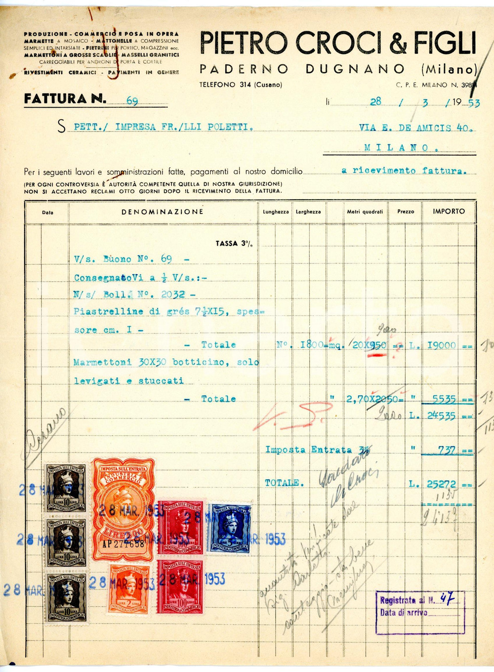 Documento originale, autentico 1953 PADERNO DUGNANO Pietro CROCI E FIGLI Fattura per piastrelline in grés 1