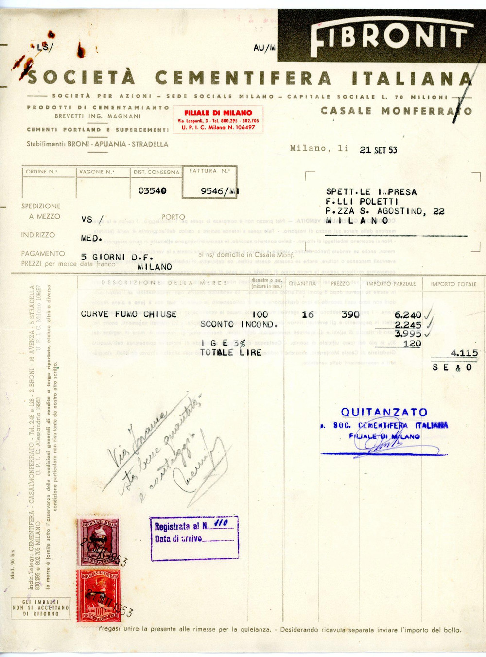 Documento originale, autentico 1953 MILANO via Leopardi, 3 FIBRONIT Società cementifera Fattura materiali edili 1
