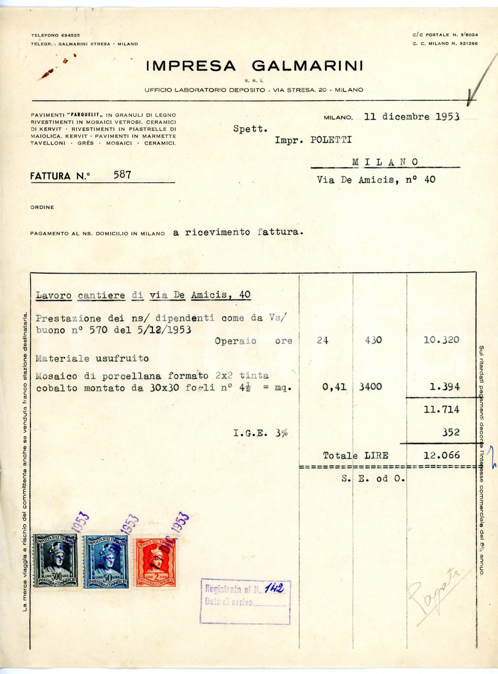 Documento originale, autentico 1953 MILANO via Stresa, 20 Impresa GALMARINI Fattura per mosaico di porcellana 1