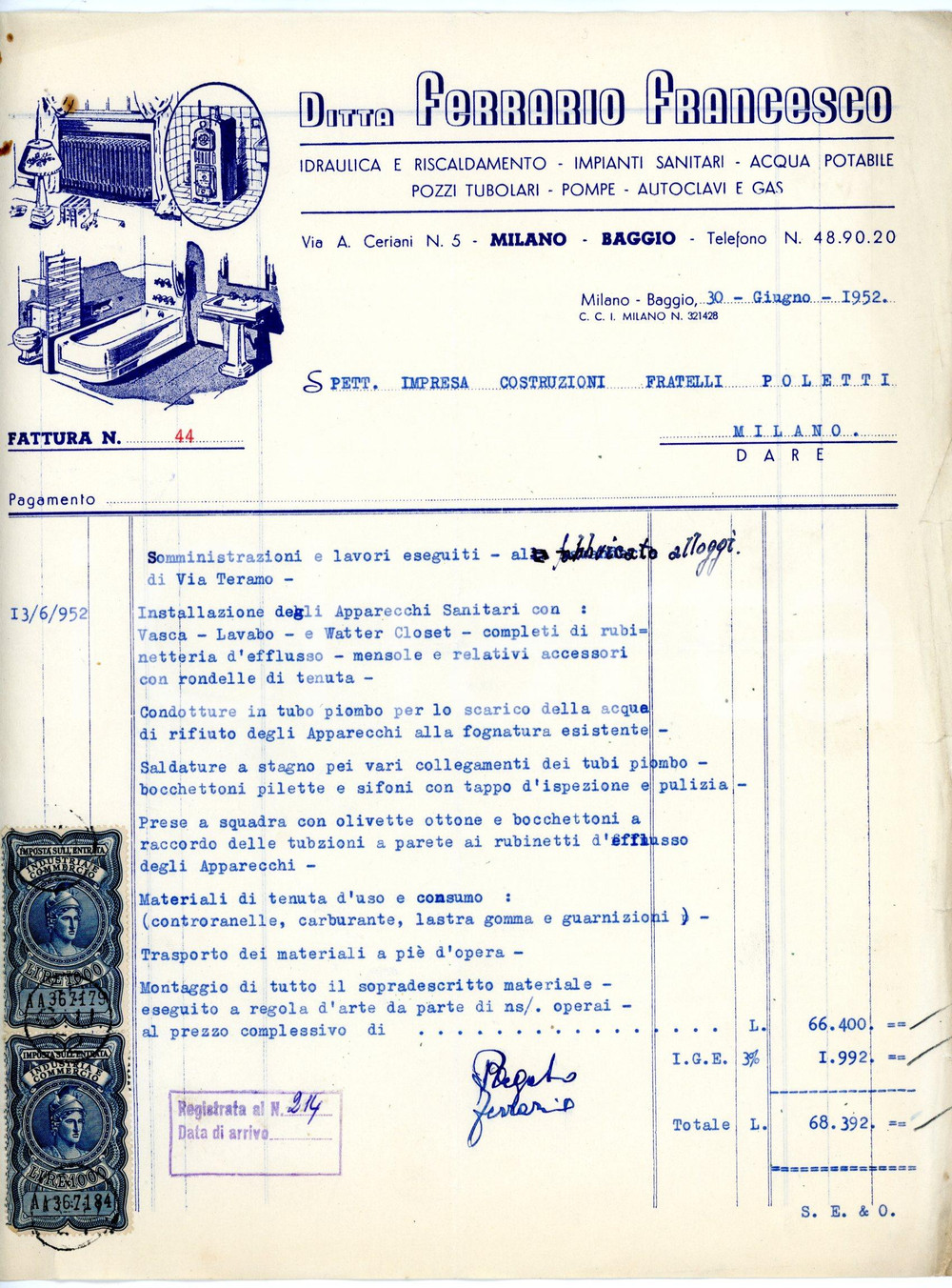 Documento originale, autentico 1952 MILANO Via A. Ceriani 5  Ditta Francesco FERRARIO Fattura lavori idraulici 1