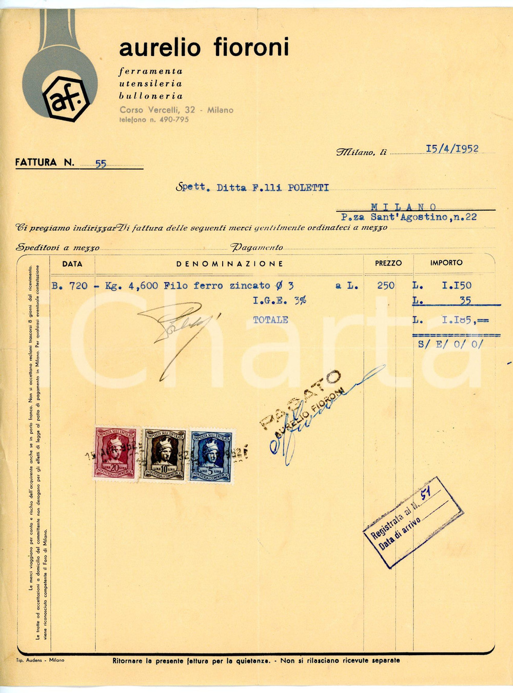 Documento originale, autentico 1952 MILANO Corso Vercelli 32 Ferramenta Aurelio FIORONI Fattura filo di ferro 1