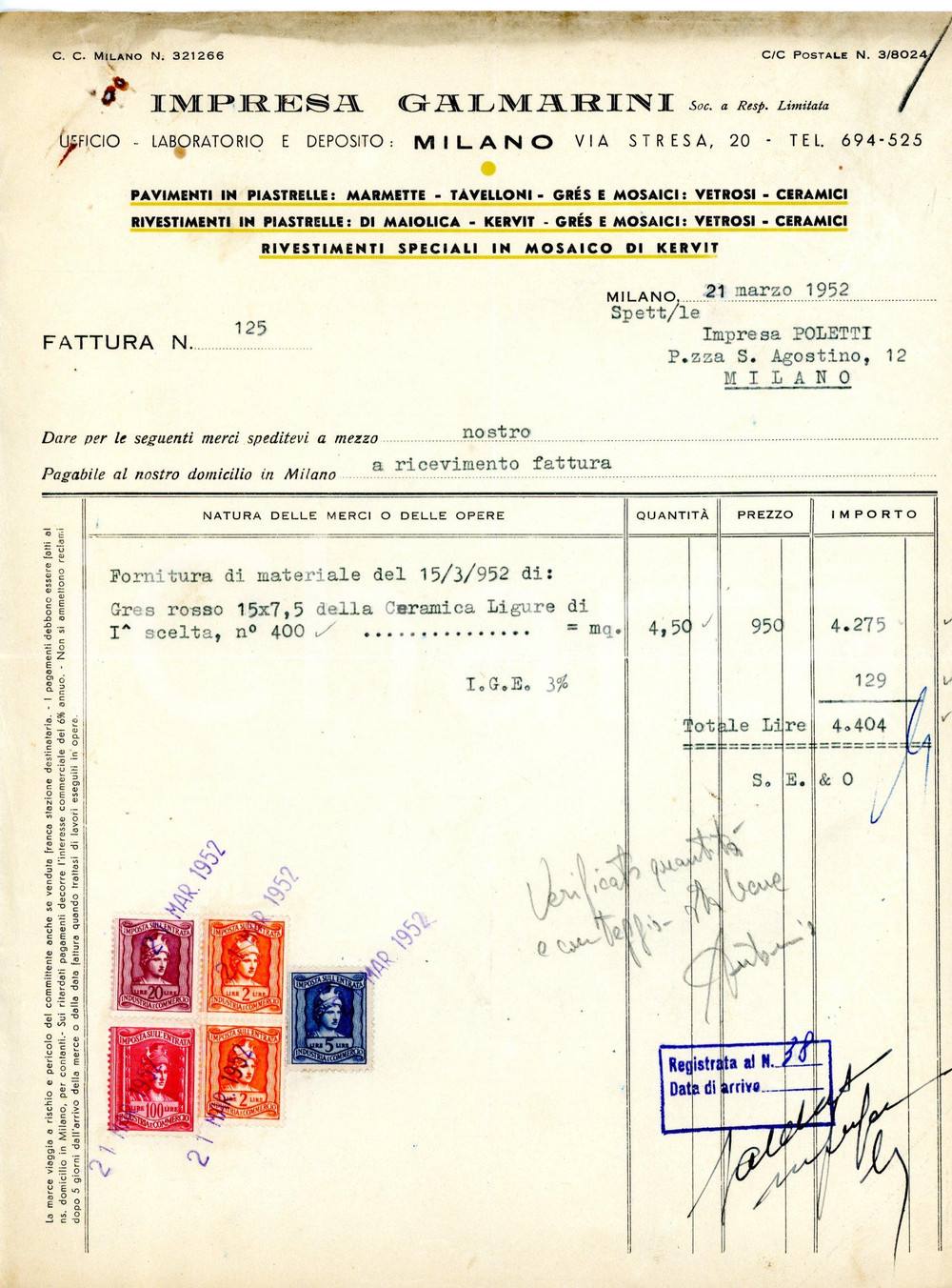 Documento originale, autentico 1952 MILANO via Stresa, 20 Impresa GALMARINI Fattura ceramica ligure 1
