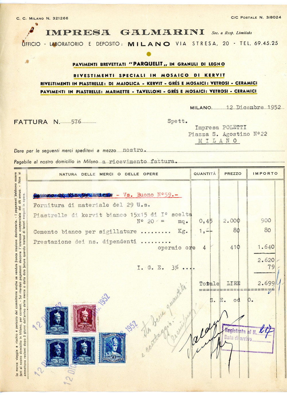 Documento originale, autentico 1952 MILANO via Stresa, 20  Impresa GALMARINI Fattura piastrelle di kervit 1