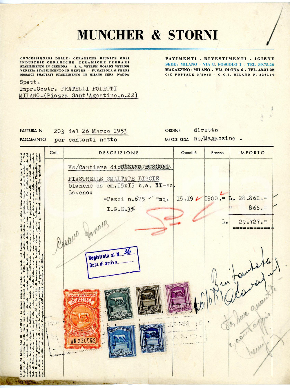 Documento originale, autentico 1953 MILANO via U. Foscolo, 1  MUNCHER E STORNI Fattura per piastrelle 1