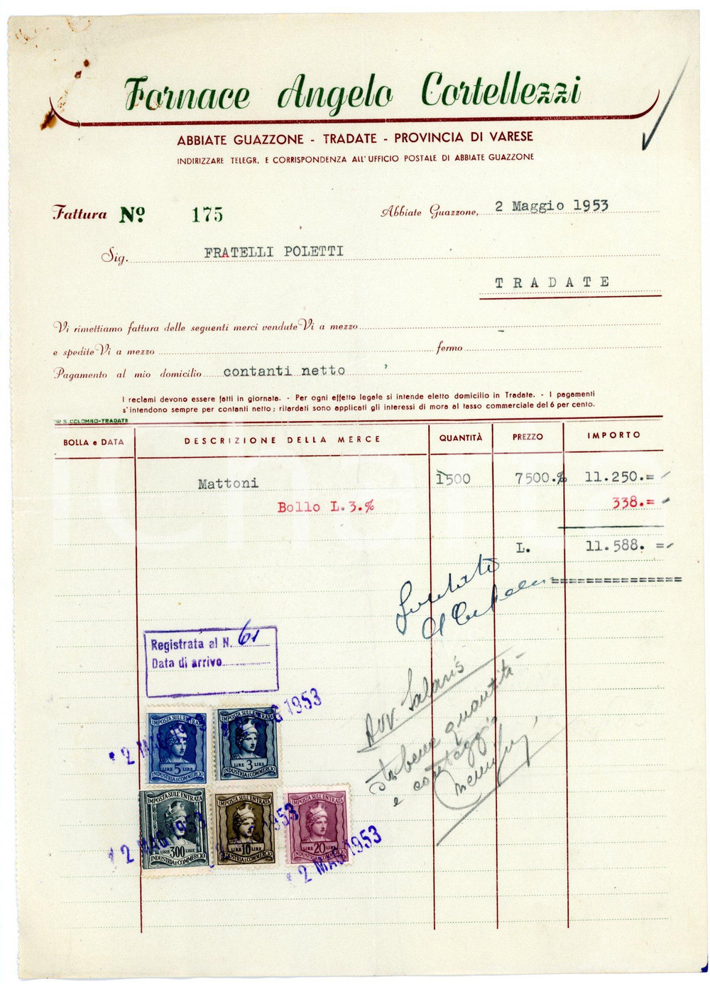 Documento originale, autentico 1953 ABBIATE GUAZZONE VA Fornace Angelo CORTELLEZZI Fattura per mattoni 1