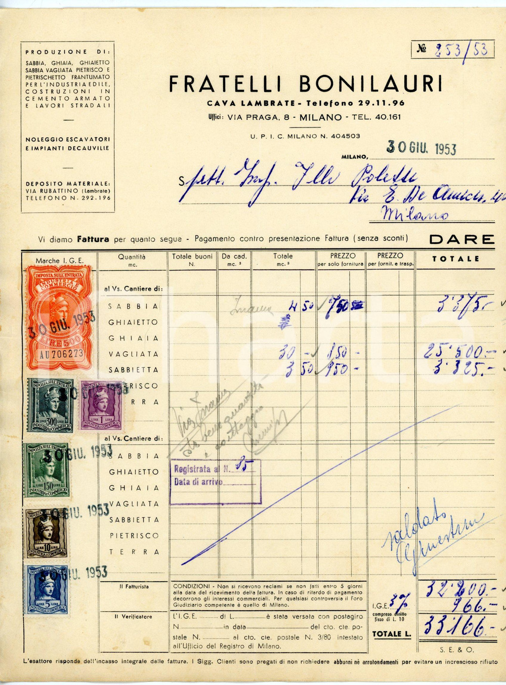 Documento originale, autentico 1953 MILANO Cava di Lambrate  Via Praga 8  FRATELLI BONILAURI Fattura 1