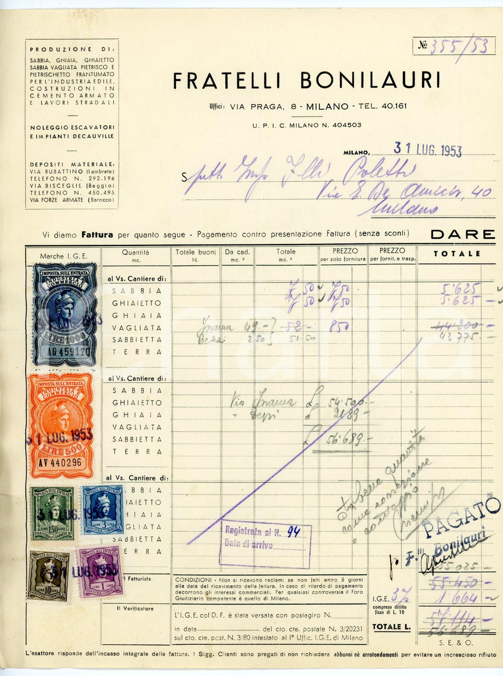 Documento originale, autentico 1953 MILANO via Praga, 8 Cava FRATELLI BONILAURI Fattura sabbia vagliata 3 1