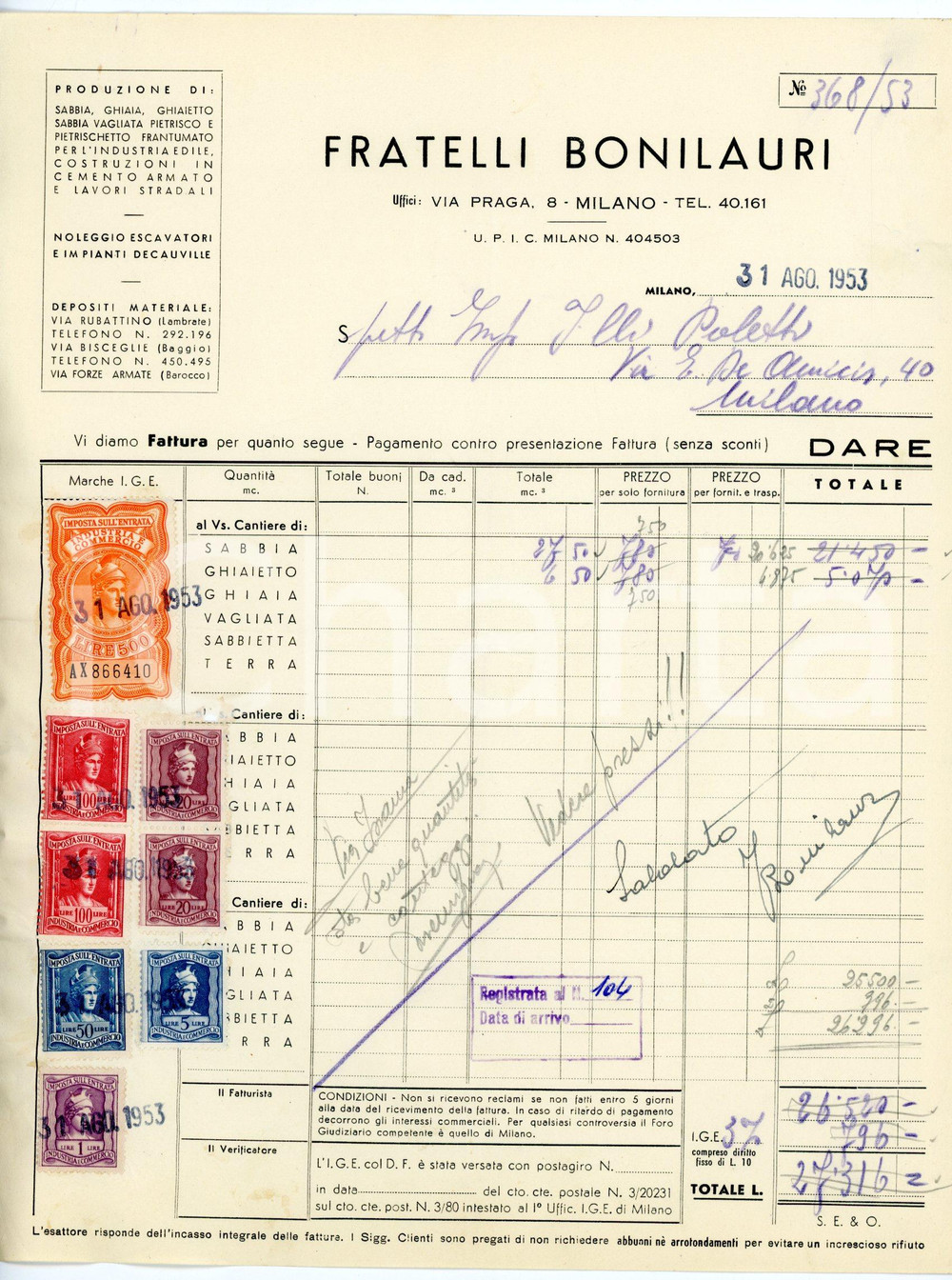 Documento originale, autentico 1953 MILANO via Praga, 8 Cava FRATELLI BONILAURI Fattura sabbia e ghiaietto 1