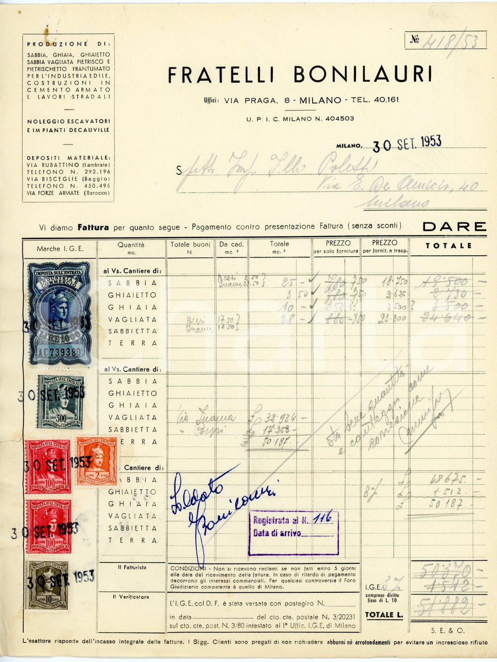 Documento originale, autentico 1953 MILANO via Praga, 8 Cava FRATELLI BONILAURI Fattura sabbia 5 1
