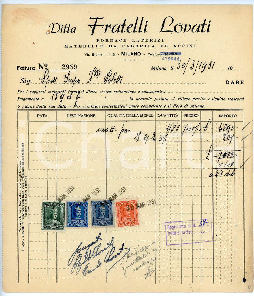 Documento originale, autentico 1951 MILANO via Bitinia 11 Fornace Fratelli LOVATI Fattura per mattoni 6 1