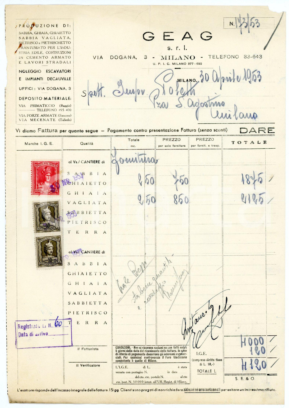 Documento originale, autentico 1953 MILANO via Dogana, 3 GEAG Srl Fattura per sabbia vagliata e ghiaietto 1