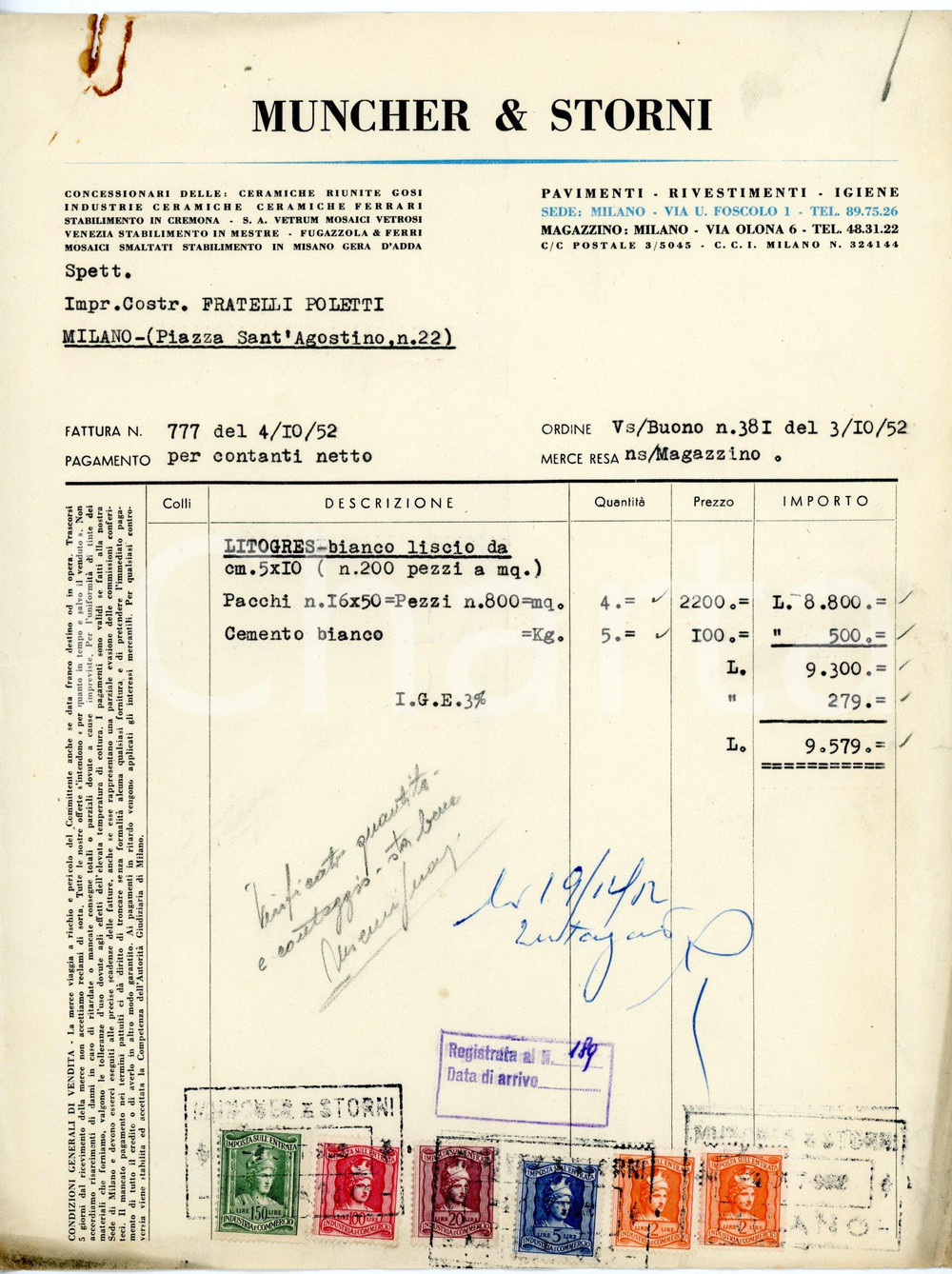 Documento originale, autentico 1952 MILANO via U. Foscolo, 1  MUNCHER E STORNI Fattura per litogres 1