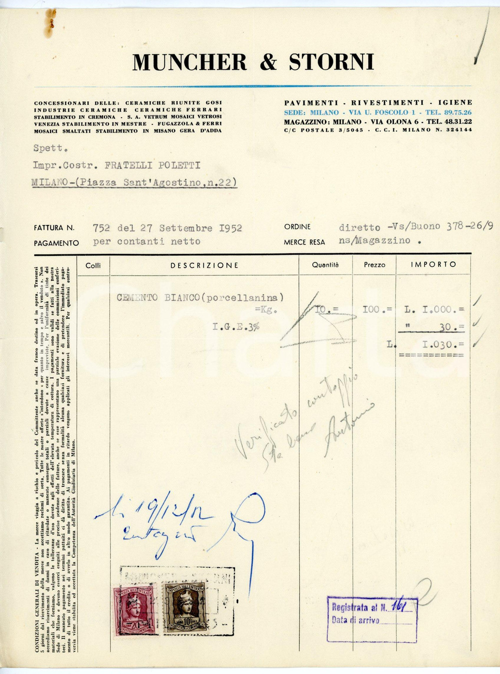 Documento originale, autentico 1952 MILANO via U. Foscolo, 1  MUNCHER E STORNI Fattura per cemento bianco 1