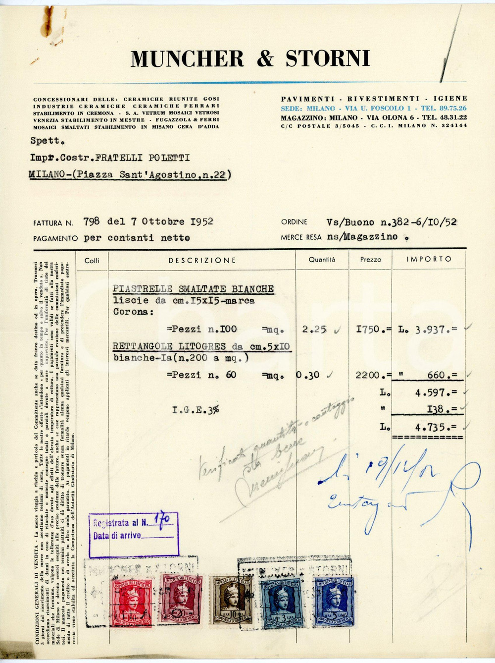 Documento originale, autentico 1952 MILANO via U. Foscolo, 1  MUNCHER E STORNI Fattura per piastrelle CORONA 1