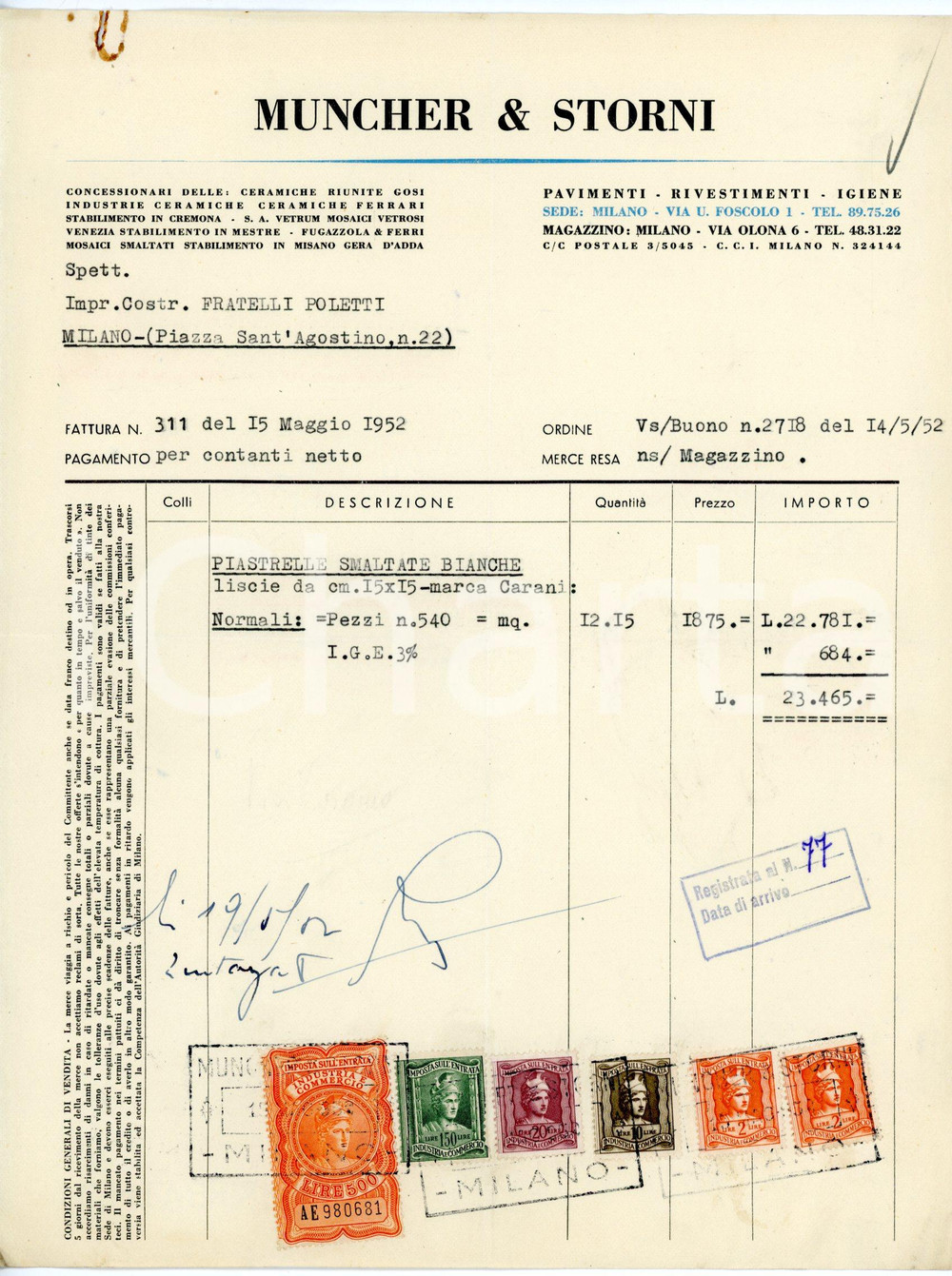 Documento originale, autentico 1952 MILANO via U. Foscolo, 1  MUNCHER E STORNI Fattura per piastrelle CARANI 1