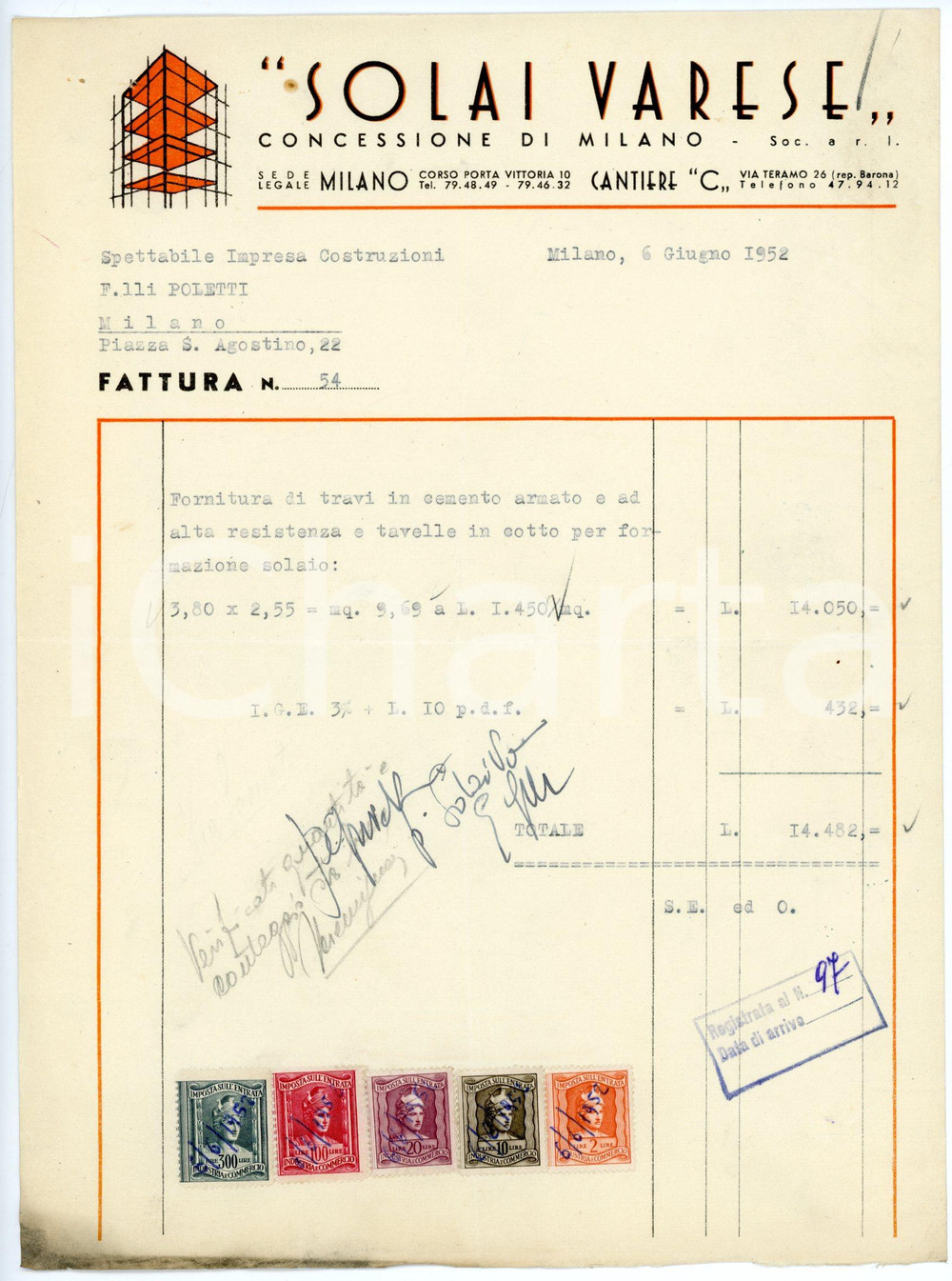 Documento originale, autentico 1952 MILANO Corso Porta Vittoria 10 SOLAI VARESE Fattura per travi e tavelle 1